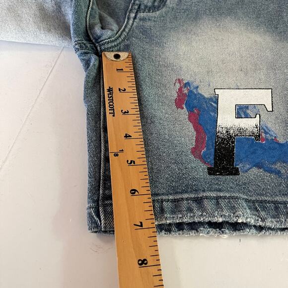 Homme + Femme NEW Mens Hand Painted Logo Distressed Jean Shorts Sz 30 Blue - Picture 9 of 10